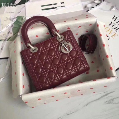 LADY DIOR LAMBSKIN TAS CAL44550 bordeauxrood en zilverkleurig metaal