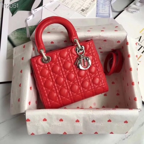 LADY DIOR LAMBSKIN TAS CAL44550 rood-zilverkleurig metaal