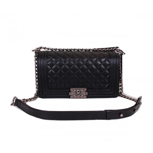 Le Boy Chanel Flap Schoudertas Zwart Schapenleer CHA67086 Zilver
