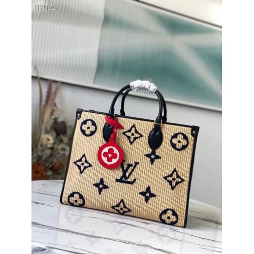 Louis Vuitton Onthego Monogram Raffia Giant Weave Borduurwerk Medium Tote Bag M57723 Blauw