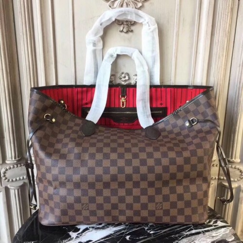 Louis Vuitton origineel Damier Ebene Canvas Neverfull GM N51106 Rood