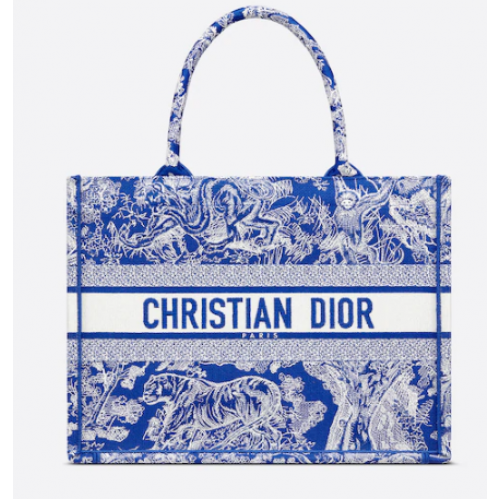 MEDIUM DIOR BOOK TOTE Fluorescerend blauw Toile de Jouy omgekeerd borduren M1296ZROC