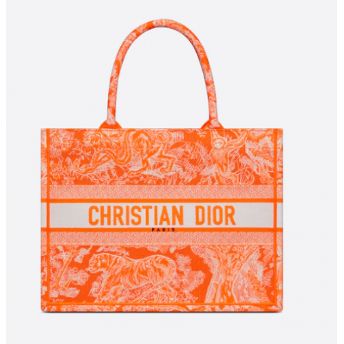 MEDIUM DIOR BOOK TOTE Fluorescerend oranje Toile de Jouy omgekeerd borduursel M1296ZROC