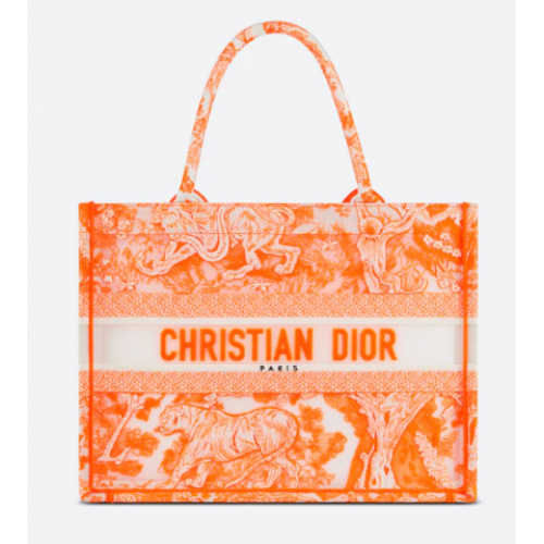 MEDIUM DIOR BOOK TOTE Fluorescerend oranje Toile de Jouy transparant canvas M1296ZRVJ