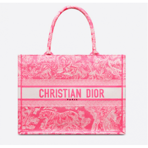 MEDIUM DIOR BOOK TOTE Fluorescerend roze Toile de Jouy omgekeerd borduren M1296ZROC