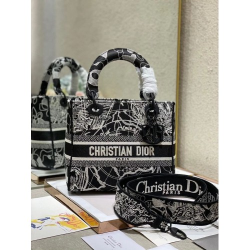 MEDIUM LADY D-LITE TAS Zwart-wit wereldbolborduursel M0565O