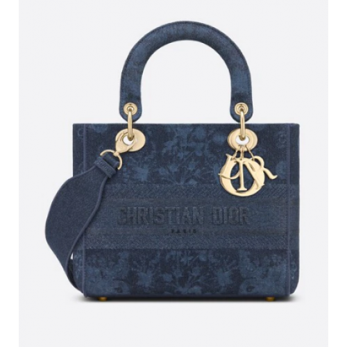 MEDIUM LADY D-LITE TAS Blauwe Dior bloemen geborduurd denim M0565OJA