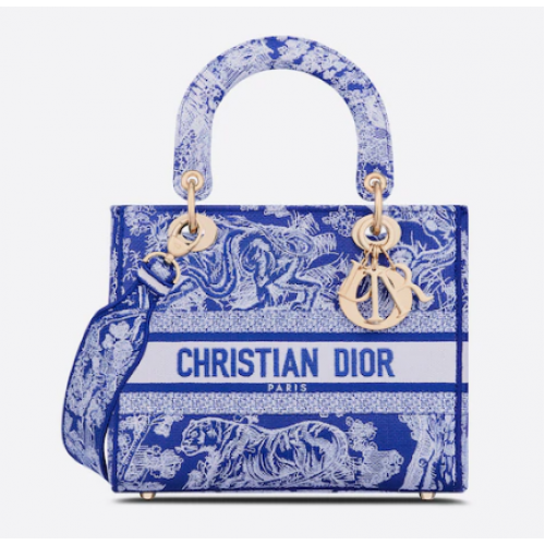 MEDIUM LADY D-LITE TAS Fluorescerend blauw Toile de Jouy omgekeerd borduursel M0565OROC