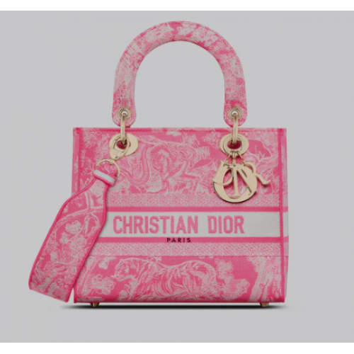 MEDIUM LADY D-LITE TAS Fluorescerend roze Toile de Jouy omgekeerd borduurwerk M0565OROC