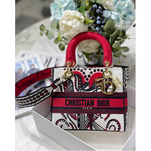 MEDIUM LADY D-LITE TAS M8002 Rood Multicolor Dior Arabesque-borduursel