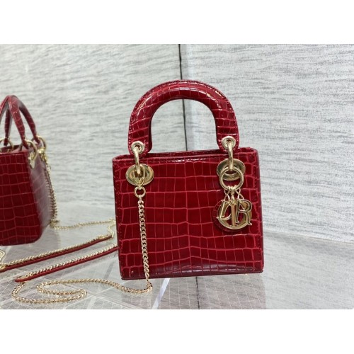 MINI LADY DIOR TAS Cannage krokodil kalfsleer C0966 rood