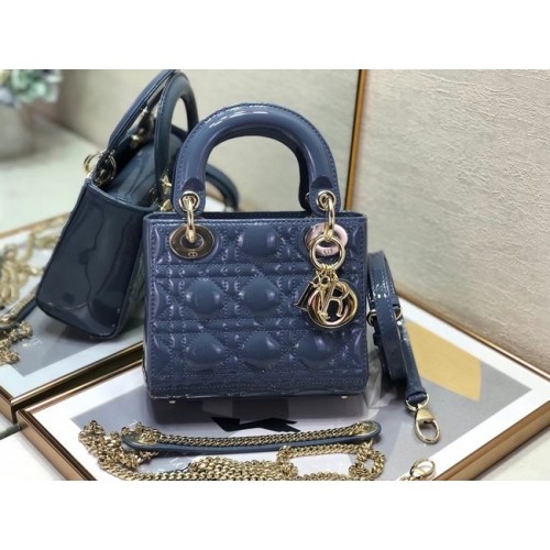 MINI LADY DIOR TAS Patent Cannage kalfsleer M0505O koningsblauw