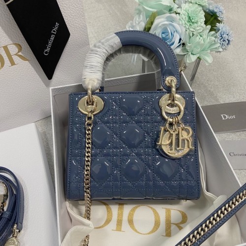 MINI LADY DIOR TAS Patent Cannage kalfsleer M0566OW blauw en goud