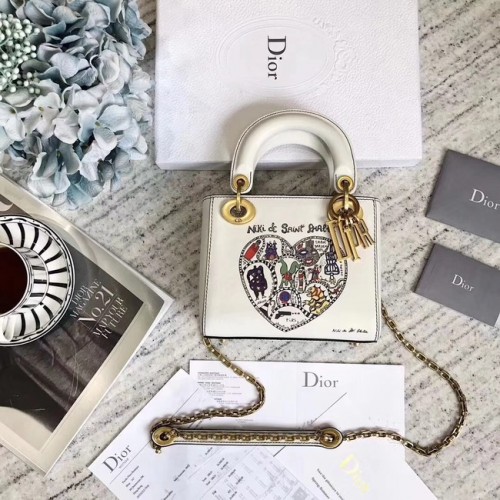 MINI LADY DIOR-TAS MET KETTING VAN WIT GLAD KALFSLEER MET NIKI DE SAINT PALLE-BORDUURWERK M927