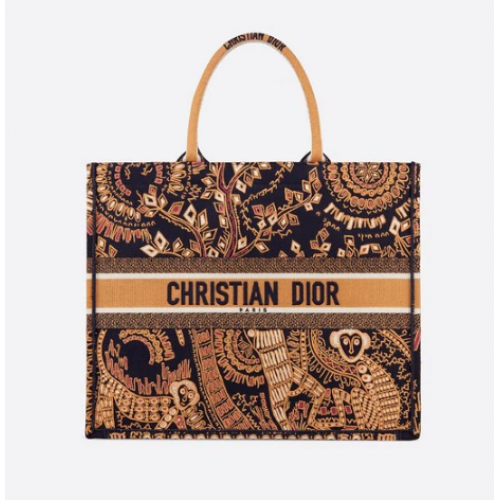 ORANJE EN ZWARTE DIOR BOOK TOTE DIOR ANIMALS GEBORDUURDE CANVAS TAS M747