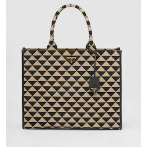 Prada Large Prada Symbole jacquard stoffen handtas 1BR255 Zwart&Beige