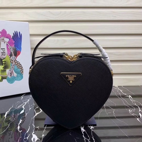 Prada Saffiano Original Leather Tote Heart Bag 1BH144 Zwart
