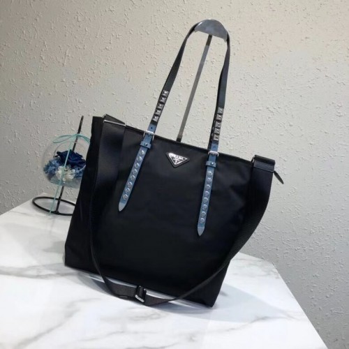 Prada Saffiano leren en nylon draagtas 1BG212 zwart&blauw
