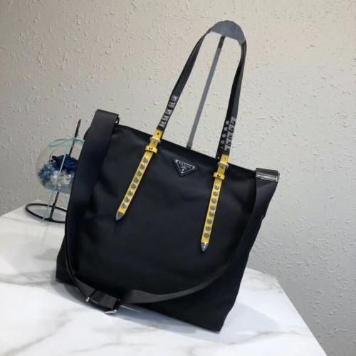Prada Saffiano leren en nylon draagtas 1BG212 zwart&geel