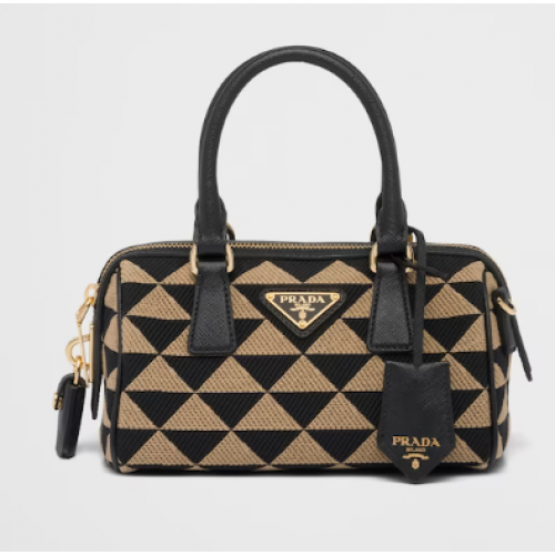 Prada Symbole geborduurde tas van jacquardstof aan de bovenkant 1BB846 zwart