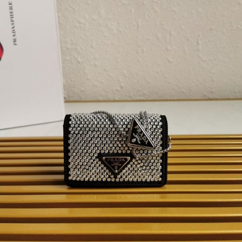 Prada leren kleine tas met kunstmatige kristallen schoudertas 1NE124 Zwart