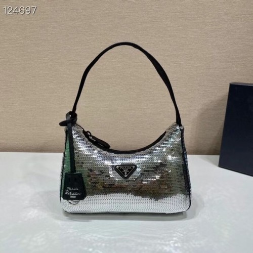 Prada Re-Edition 2000 Re-Nylon minitas met pailletten 1BC515 zilver