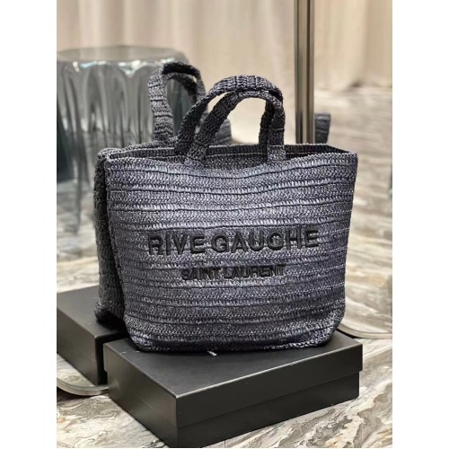 SAINT LAURENT RIVE GAUCHE SOEPELE TOTE TAS IN RAFFIA HAAK 688864 zwart