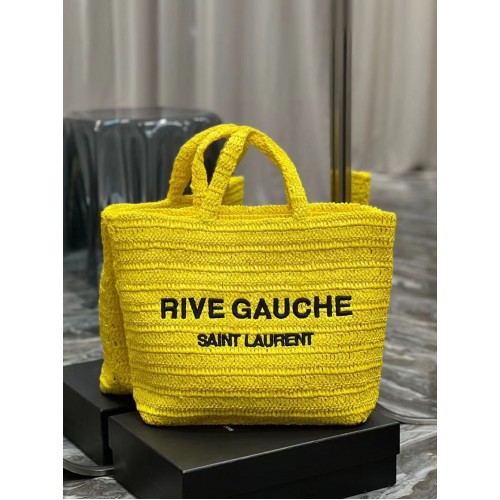 SAINT LAURENT RIVE GAUCHE SOEPELE TOTE TAS IN RAFFIA HAAK 688864 geel