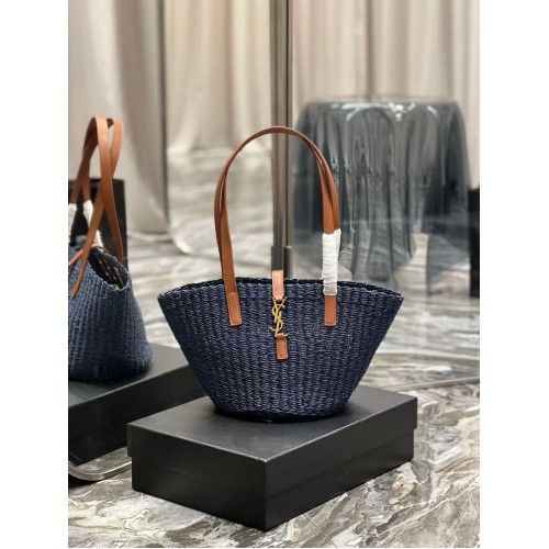 SAINT LAUREN PANIER KLEINE TAS VAN GEHAAKT RAFFIA EN GLAD LEER 685618 donkerblauw