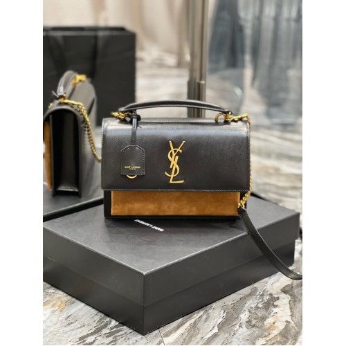 SAINT LAUREN SUNSET MEDIUM TOP HANDVAT IN GLAD LEER 634723 ZWART&bruin