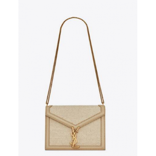 SAINT LAURENT CASSANDRA MEDIUM KETTINGZAK IN CANVAS EN DOOS SAINT LAURENT LEER 532750 BEIGE ET ZEEZOUT