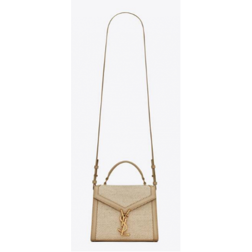 SAINT LAURENT CASSANDRA MINI TOP HANDVAT TAS IN CANVAS EN DOOS SAINT LAURENT LEER 623930 BEIGE ET SEA SALT