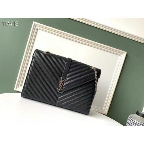 SAINT LAURENT ENVELOP GROTE TAS IN MIX MATELASSE GRAIN DE POUDRE RELIEF LEER 600166B ZWART