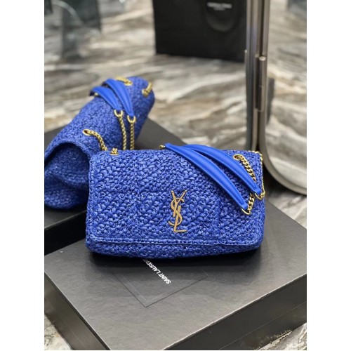 SAINT LAURENT JAMIE MEDIUM KETTINGTAS CARRE RIVE GAUCHE VAN GEHAAKT RAFFIA EN GLAD LEER 515821 BLAUW