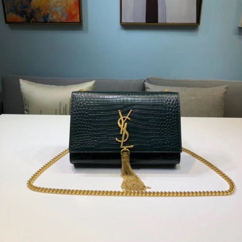 SAINT LAURENT Kate leren schoudertas met krokodillenleer 474366 Zwartachtig groen