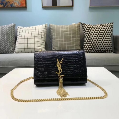 SAINT LAURENT Kate leren schoudertas met krokodillenleer 474366 zwart