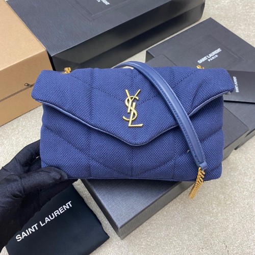 SAINT LAURENT LOULOU KLEINE KETTINGTAS VAN CANVAS 620333 BLAUW