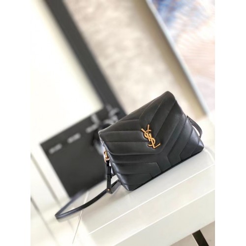 SAINT LAURENT LOULOU KLEIN IN MATELASSE Y LEER 467072 zwart & BRONS METALEN HARDWARE