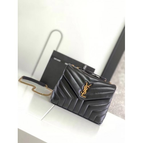 SAINT LAURENT LOULOU SMALL IN MATELASSE Y LEER 494699 zwart & BRONS METALEN HARDWARE