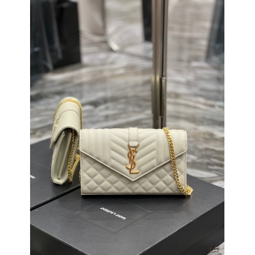 SAINT LAURENT MONOGRAM KETTINGPORTEFEUILLE IN MIX MATELASSE GRAIN DE POUDRE RELIEF LEER 620280 BEIGE&GOUD