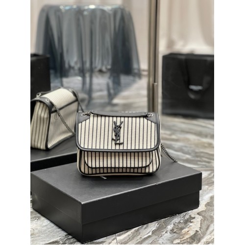 SAINT LAURENT NIKI KLEINE KETTINGTAS VAN CANVAS 633151 CREAM ET NOIR