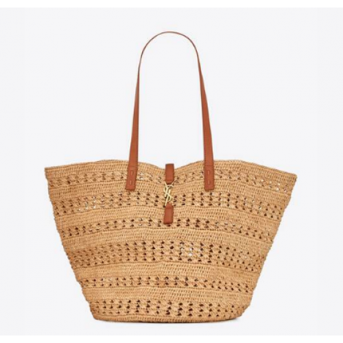 SAINT LAURENT PANIER MEDIUM TAS VAN GEHAAKT RAFFIA EN GLAD LEER 688221 NATUREL