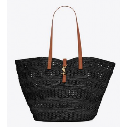 SAINT LAURENT PANIER MEDIUM TAS VAN GEHAAKT RAFFIA EN GLAD LEER 688221 NOIR