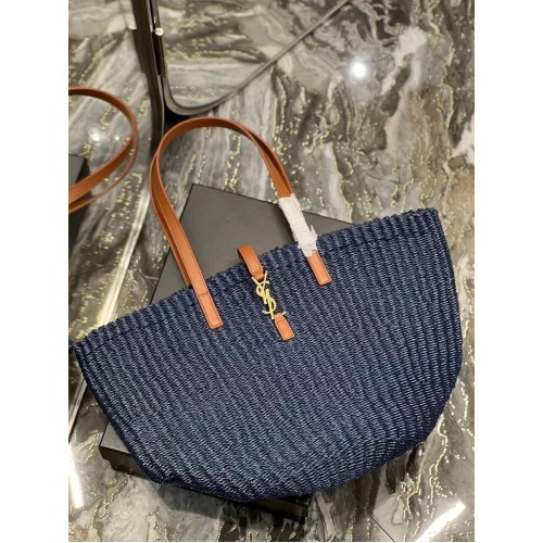 SAINT LAURENT PANIER MEDIUM TAS VAN GEHAAKT RAFFIA EN GLAD LEER 688221 donkerblauw