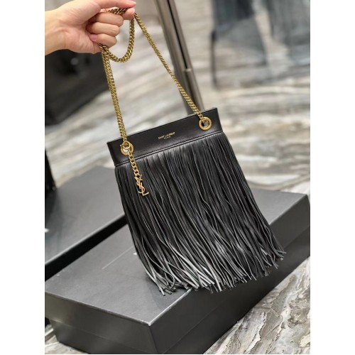 SAINT LAURENT KLEINE KETTINGTAS VAN GLAD LEER MET FRANJES 683378 ZWART