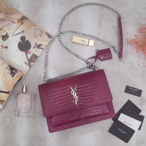 SAINT LAURENT Sunset leren schoudertas met krokodillenleer 442906 roze