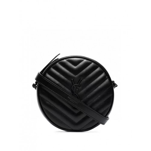 SAINT LAURENT VINYLE RONDE CAMERATAS IN CHEVRON-GEWATTEERD GRAIN DE POUDRE RELIEF LEER 6104361 zwart