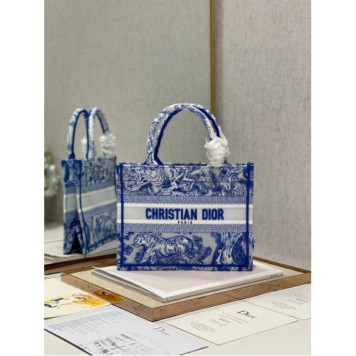 KLEINE DIOR BOOK TOTE Blauw Toile de Jouy omgekeerd borduursel M1265ZRGO