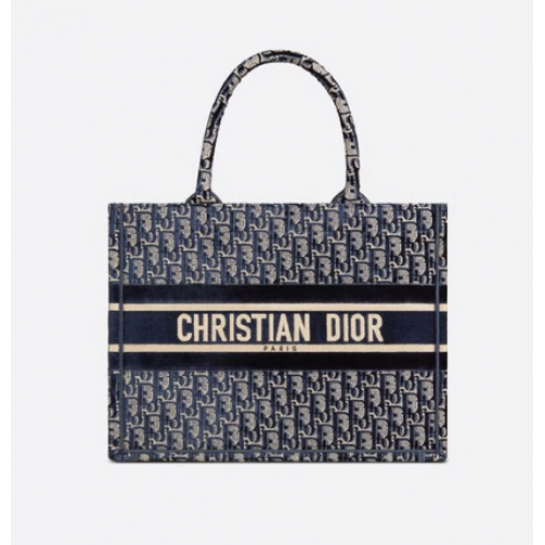 KLEINE DIOR BOOK TOTE blauw Dior Oblique geborduurd fluweel M1287Z