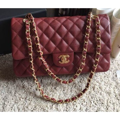 Topkwaliteit Chanel Classic A36070 Burgundy Original Grain Leather Large Flap Bag Golden